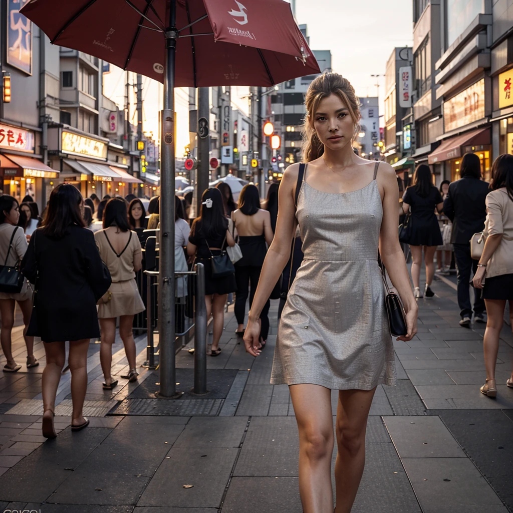 Female supermodel. Gray cocktail dress. Dim, soft lighting. Sunset. Sunset.Musashi-Koyama Shopping Street “Palm”, Tokyo, Japan.