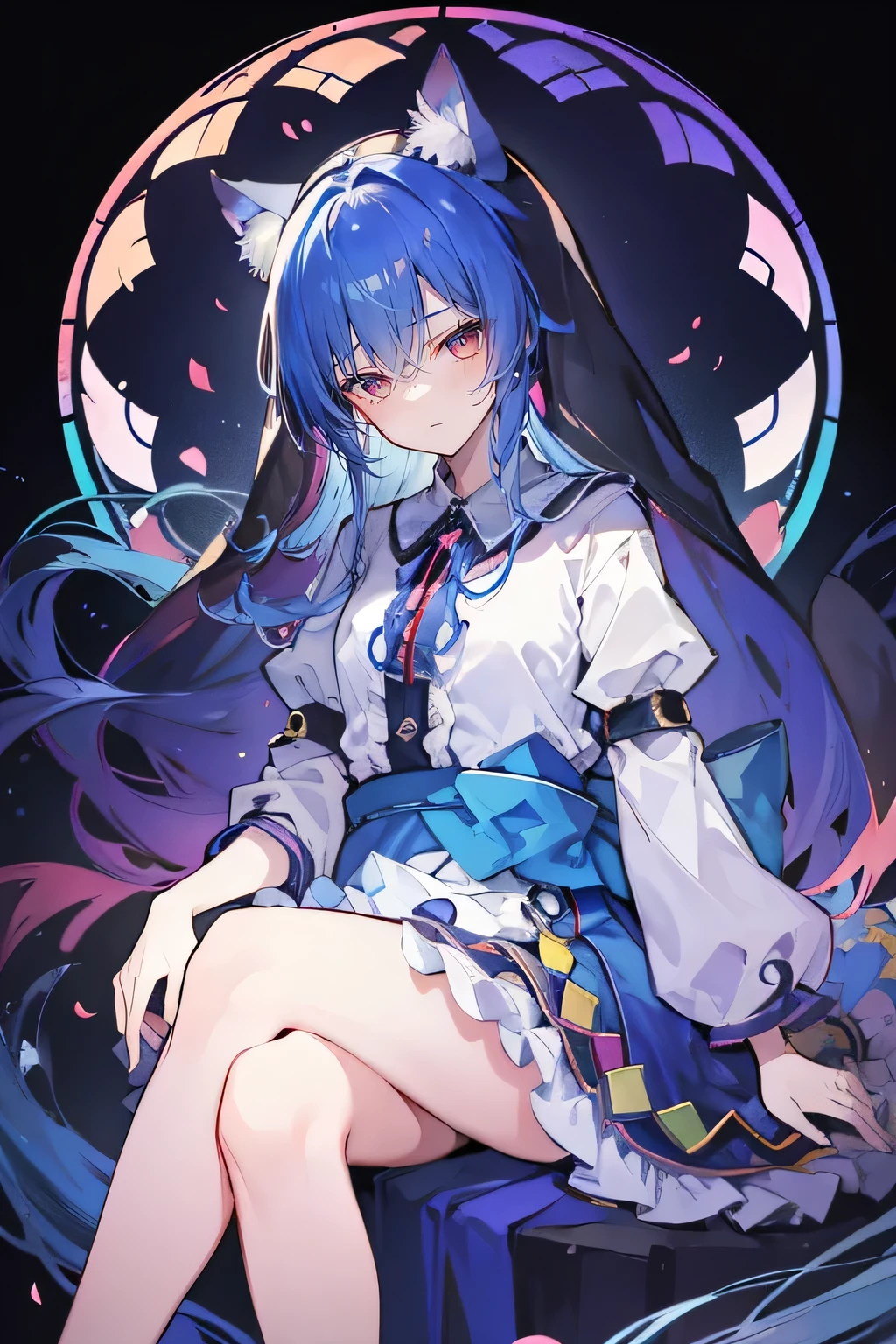 (masterpiece:1.2),Extremely detailed,Practical,expressive eyes,Fair skin,Perfect face shaping,1 Girl,
Japanese cartoons,Gorgeous blue hair, the long flowing blue hair,Floating clothes,Cat ears,Petals fall,beautiful lola,Angel,
Place your hands on your waist,sit elegantly on the ground,Cross your legs,Gentle and peaceful background,stately church,nun。