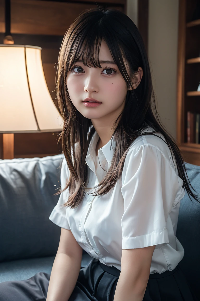 (Highest quality:1.4),(masterpiece:1.4),(Realistic:1.4),(Realistic:1.2),(超High resolution, RAW Photos:1.4),(High resolution, Ultra-detailed:1.2),(8K:1.2),View your viewers,Cinematic photography,One girl,skeletally correct,Black-haired woman,(Orihime Cosplay,View from the front),(Western-style building interior,Dimly lit room,The lamplight shines on my cheeks、Sit on the sofa)