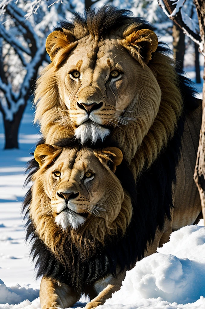 Lion with cold heart in a winter landscape