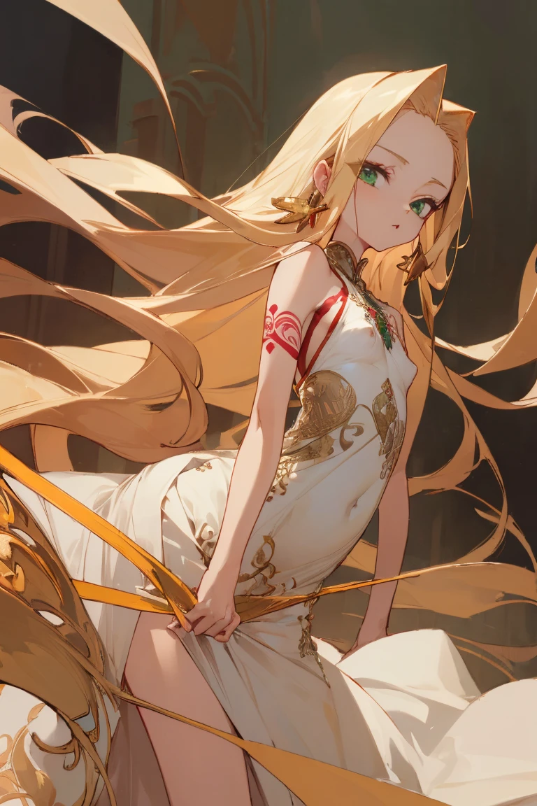 ((best quality)), ((masterpiece)), (familiar), Play,Not suitable for working hours,Uterus tattoo,Thin,Long blond hair,Small Breasts,Small Breasts,nipple,Adult females,Green Eyes,Slanted eyes,dress without sleeve,Gorgeous dresses,Gold thread embroidery,High heel,charming,Long skirt