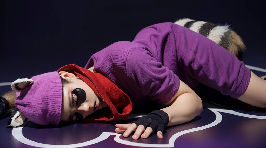 This image features a handsome, muscular, dark-skinned young man dressed in a raccoon costume. He is lying down with his eyes closed, wearing a vibrant purple outfit that includes a purple shirt and shorts. He also has a red scarf around his neck and a purple beanie hat with gray ears attached. His face is painted with black around the eyes and nose to mimic a raccoon's mask, and he is wearing black fingerless gloves. His beautiful dark skin adds to the striking appearance of his playful and whimsical costume. мультяшный рендеринг ключевого кадра, милый 3D рендеринг,,Create ultra sharp glossy цветной рендеринг zbrush. perfect cgi, cgi art created only with gradients, smooth silhouette, Create ultra sharp skin, high intensity refraction, (plastic material), most beautiful vfx, blue background, plastic refractions, glossy texture, smooth 3d model, multiple light sources, rim light, sharp post effects render, (glossy plastic texture with multiple big light probe refractions), perfect cgi, cgi art created only with gradients, smooth silhouette, high intensity refraction, (plastic material), most beautiful vfx, blue background
