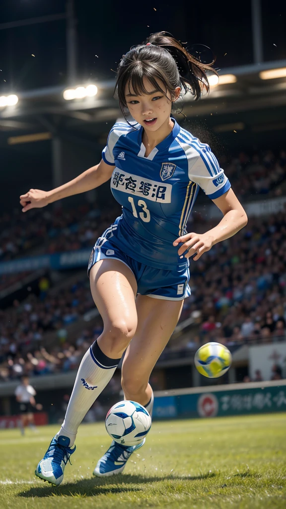 Highest quality, High resolution:1.2, Very detailed, Realistic:1.3, ((Beautiful woman))、((Super tight uniform))、((Big Breasts))、Vibrant colors, play soccer,((Blunt bangs))、Various Hair Styles、Different hair colors、With bangs、Wet Hair, concentrate, splash, Action Shots, Grass blotches, Muddy ground, Wet turf, decide, Fast-paced games, Athletic physique, Shiny soccer ball, Wet Uniform, raindrop, Blurred motion, ボールにconcentrateする, Intense competition, Skillful dribbling, Energetic play, Teamwork, powerful shoots, Wet pitch, Passionate sports, Fierce decide, Humid atmosphere, Fluid movement, emotional expression、Dramatic lighting, Women's Sports, Avid athletes, Exciting Games, Endure, Excited state, Speed and agility, Energetic play, 濡れたsplash、smile、Red Uniform