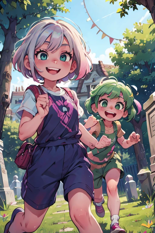 Two smiles, perfect faces, perfect hands. A silver haired girl with green eyes with a pink haired girl with violet eyes is playing in the cemetery with big smiles