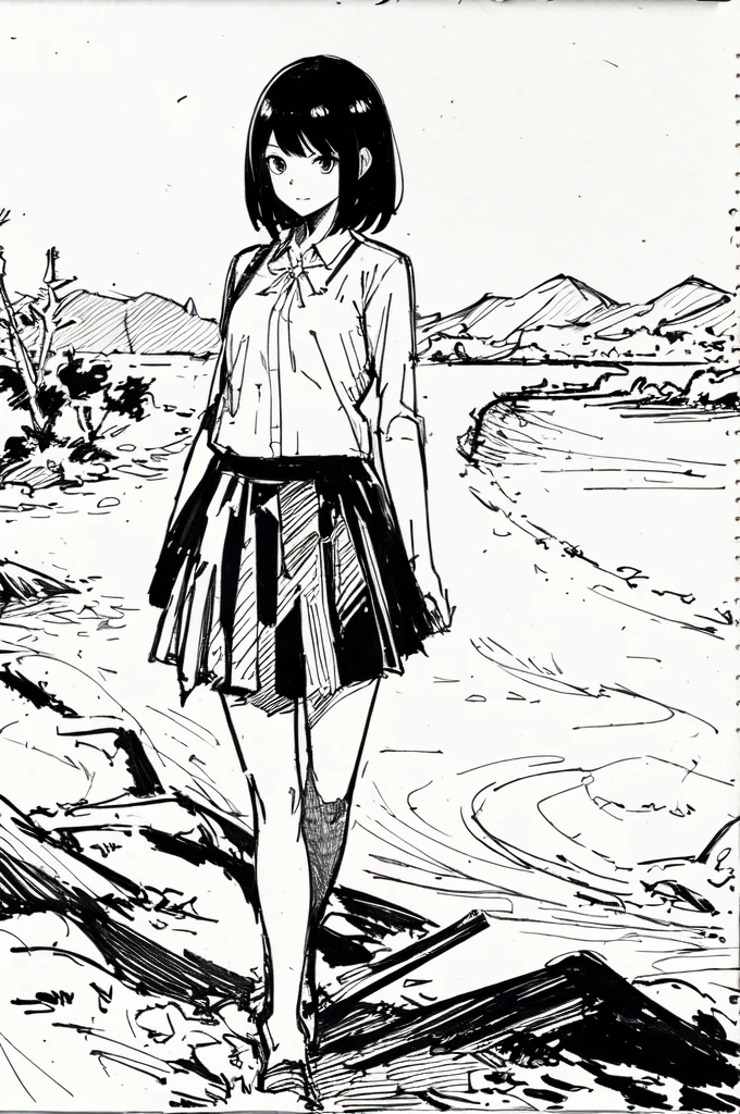 One Girl,Line art,Monochrome,sketch,Pencil drawing,Traditional Media,One Girl, skirt,Cute Teenage Girls, ,Beautiful portrait、Delicate body、Black Hair、Black Hair,landscape,Black and White