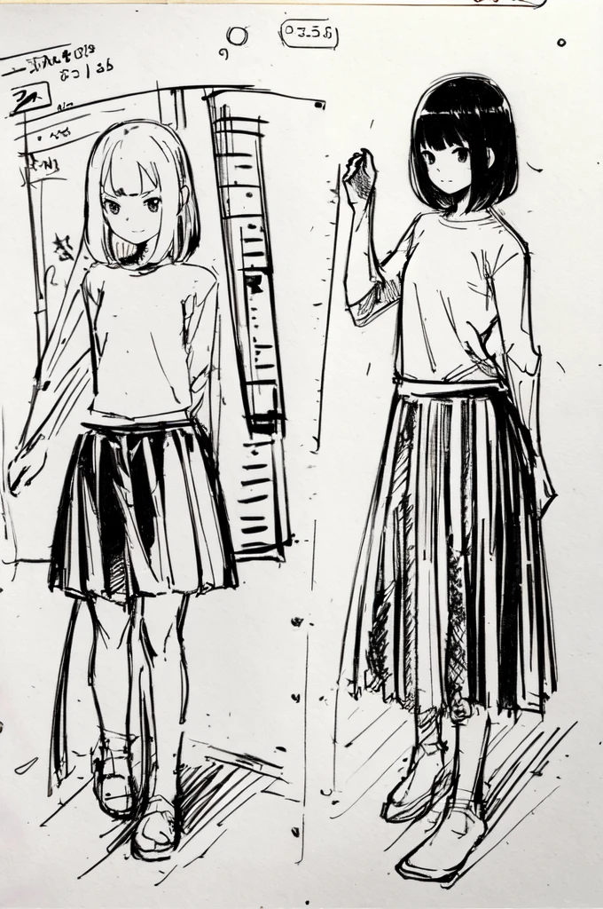 One Girl,Line art,Monochrome,sketch,Pencil drawing,Traditional Media,One Girl, skirt,Cute Teenage Girls, ,Beautiful portrait、Delicate body、Black Hair、Black Hair,landscape,Black and White