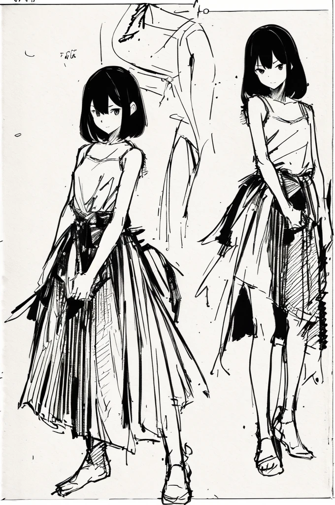 One Girl,Line art,Monochrome,sketch,Pencil drawing,Traditional Media,One Girl, skirt,Cute Teenage Girls, ,Beautiful portrait、Delicate body、Black Hair、Black Hair,landscape,Black and White