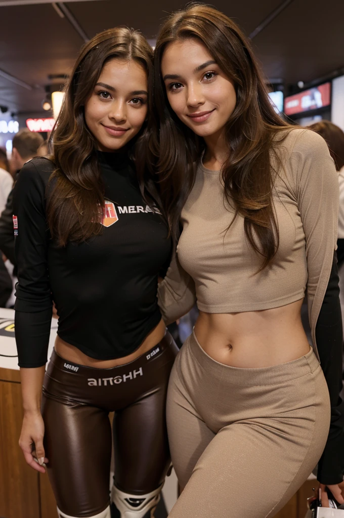 A girl with light skin, long brown hair, she has sparkling brown eyes, soft red cheeks, medium , she has a happy expression, she is smiling, she is happy, she is in the company of a friend of hers totally different from her, she is at the MOTO GP EVENT, wearing a tight-fitting suit of a MotoGP motorcyclist, but with an opening in the center , sinuous hips