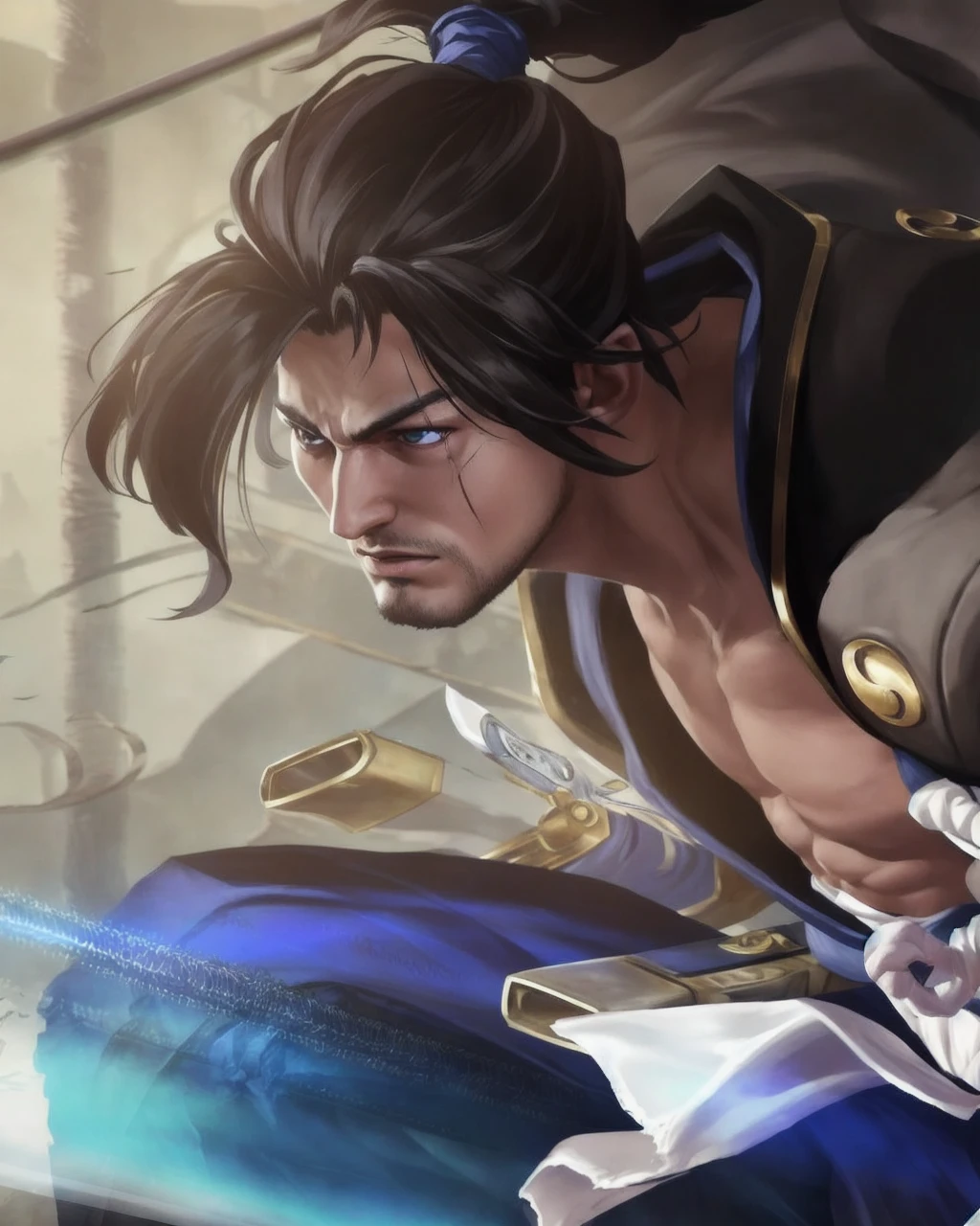 In a bleak setting of a ruined city, a lone warrior emerges as a ray of hope. Dressed in worn armor, he carries a black-bladed sword, covered in ancestral symbols. His eyes sparkle with determination, reflecting the mysterious aura that permeates the air. Step by step, he advances through the rubble, facing abominable creatures and overcoming deadly challenges. Through the shadows, the warrior stands out, an imposing and fearless figure, with a clear mission: to free this cursed city from the domain of evil., brown hair, light brown hair, high detail, drop shadow, Romanticism, 8k, award winning, best quality, high details, anatomically correct --auto --s2