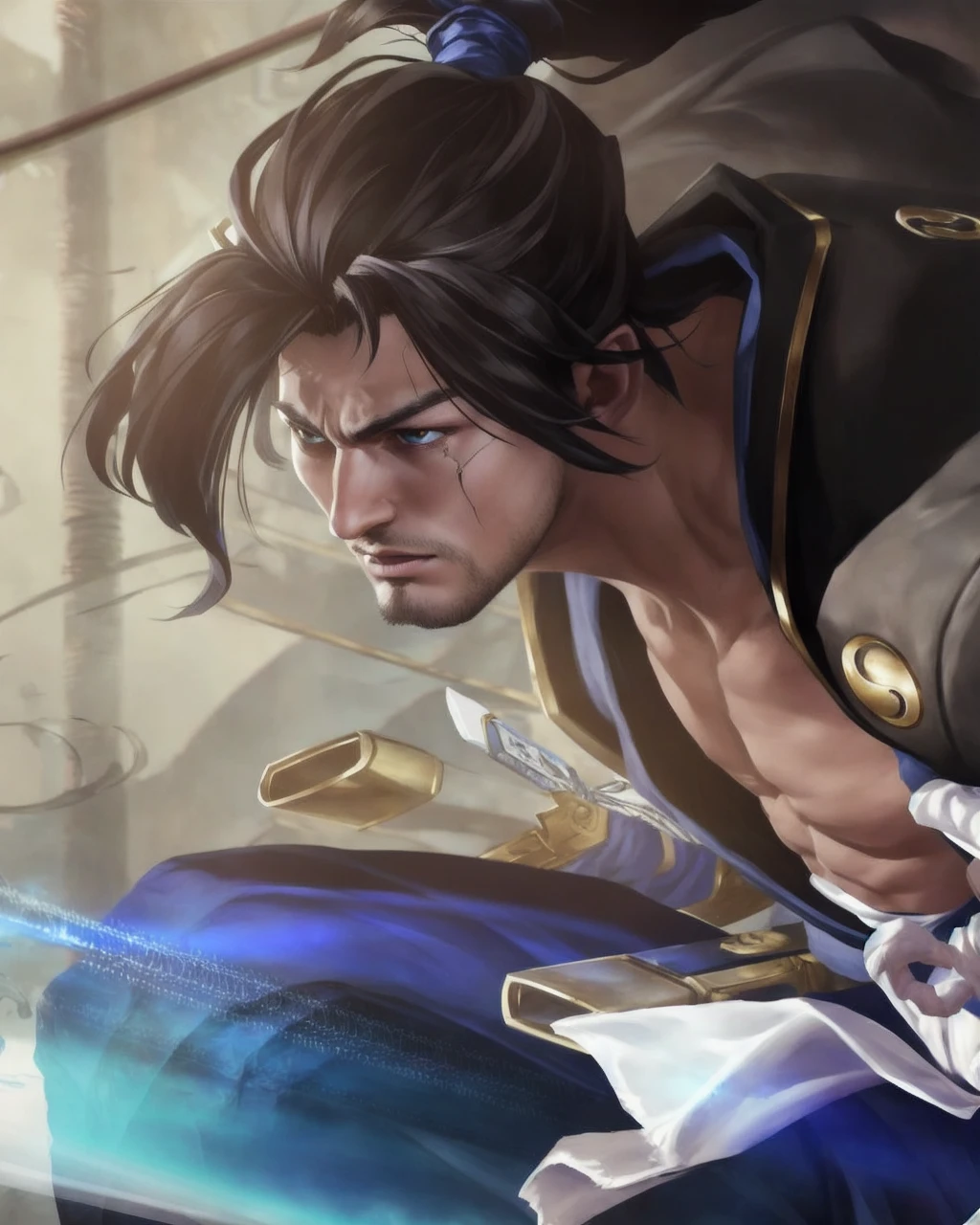 In a bleak setting of a ruined city, a lone warrior emerges as a ray of hope. Dressed in worn armor, he carries a black-bladed sword, covered in ancestral symbols. His eyes sparkle with determination, reflecting the mysterious aura that permeates the air. Step by step, he advances through the rubble, facing abominable creatures and overcoming deadly challenges. Through the shadows, the warrior stands out, an imposing and fearless figure, with a clear mission: to free this cursed city from the domain of evil., brown hair, light brown hair, high detail, drop shadow, Romanticism, 8k, award winning, best quality, high details, anatomically correct --auto --s2