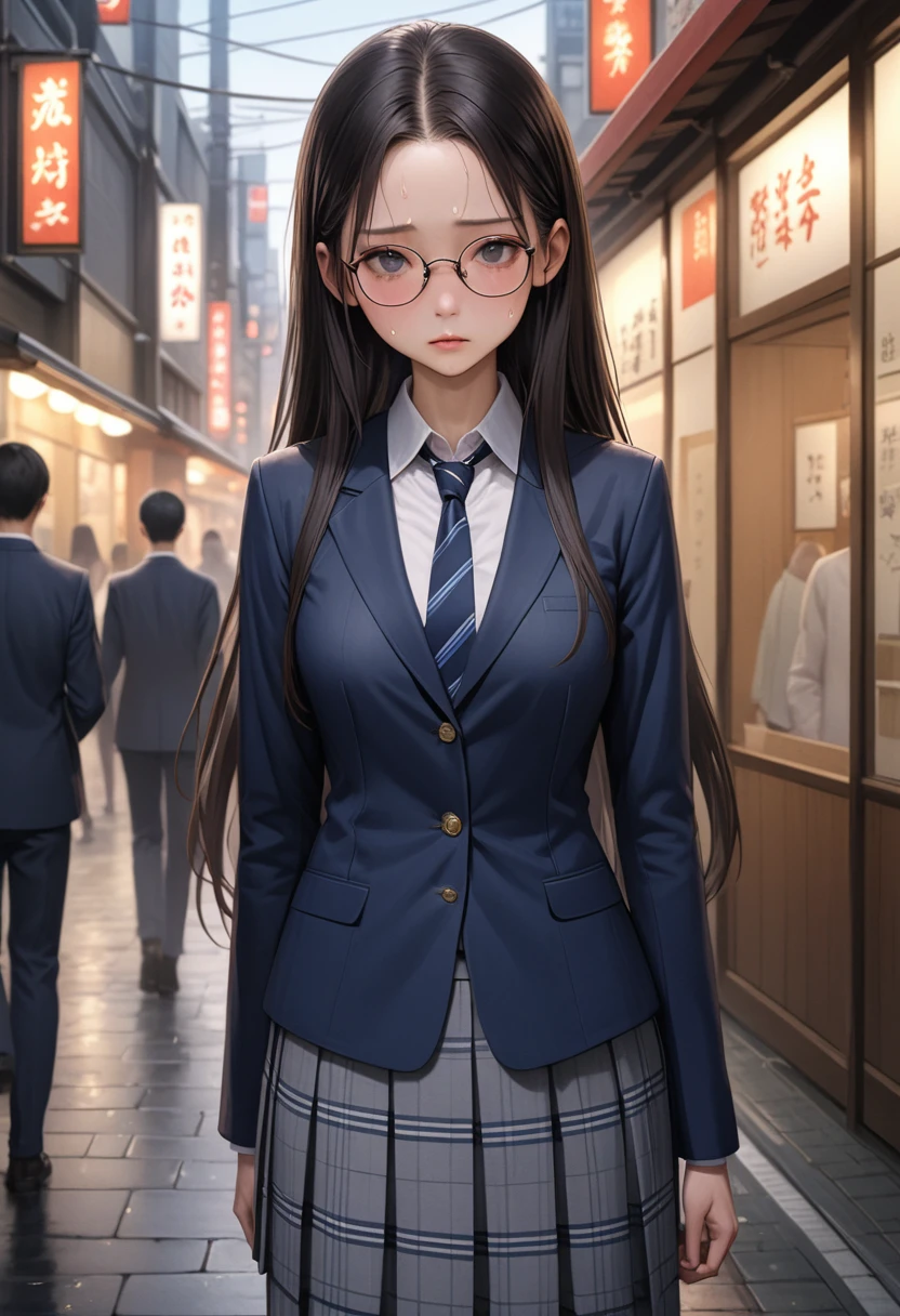((masterpiece,Highest quality:1.3,best illustration,realistic:0.7)),1woman、独奏,20 year old Japanese beauty,((very small head:1.3)),center parted bangs,forehead,black hair,long hair,black eyes,gorgeous eyes,Black-rimmed glasses,blush,shy,medium breasts,((very long body:1.3)),((toned body,slender body,skinny)),gleaming skin,shiny skin,oily skin,sweat,(School uniform、Dark blue blazer jacket、Navy blue tie、Grey plaid pleated mini skirt),on street,Tokyo、