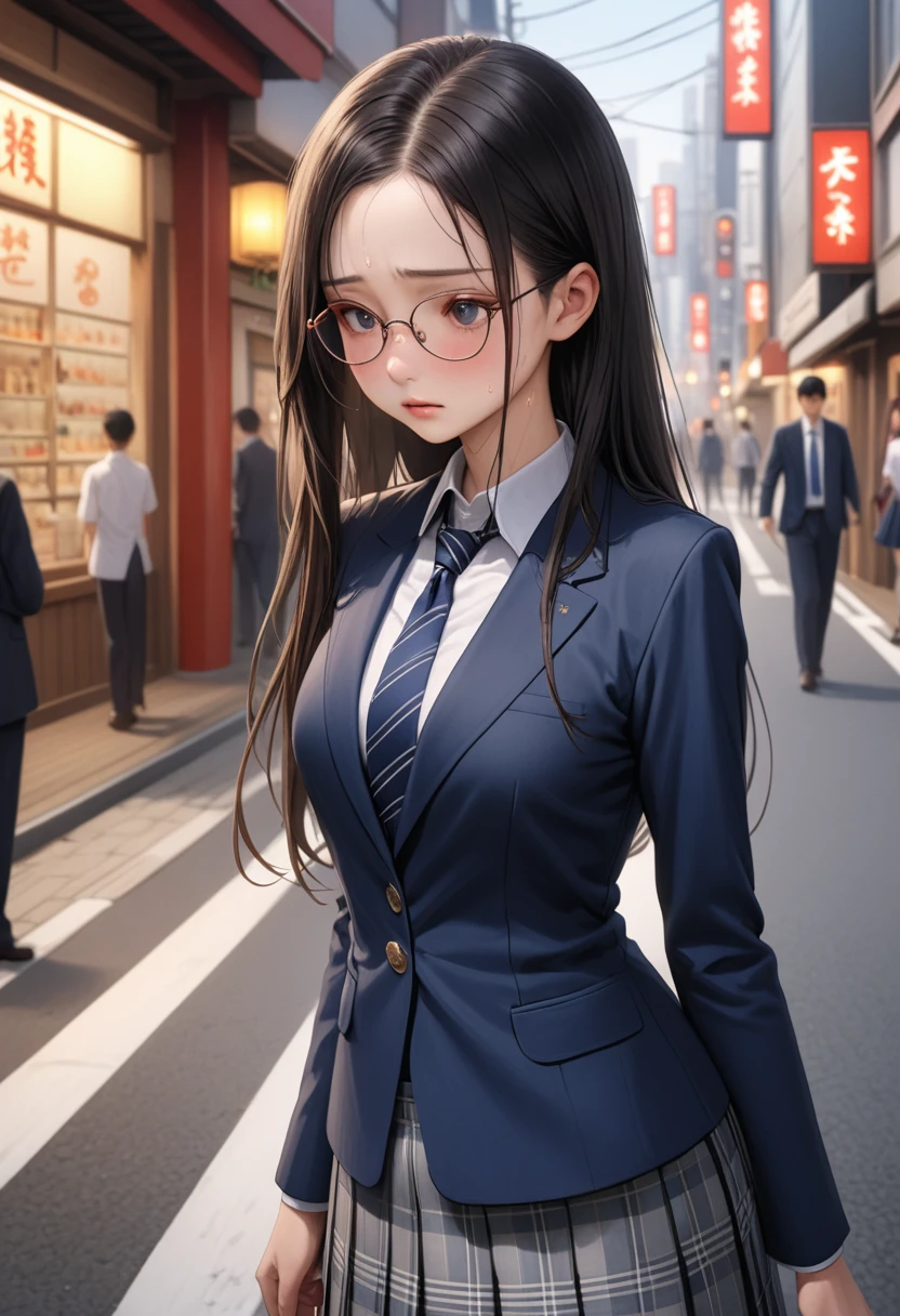 ((masterpiece,Highest quality:1.3,best illustration,realistic:0.7)),1woman、独奏,20 year old Japanese beauty,((very small head:1.3)),center parted bangs,forehead,black hair,long hair,black eyes,gorgeous eyes,Black-rimmed glasses,blush,shy,medium breasts,((very long body:1.3)),((toned body,slender body,skinny)),gleaming skin,shiny skin,oily skin,sweat,(School uniform、Dark blue blazer jacket、Navy blue tie、Grey plaid pleated mini skirt),on street,Tokyo、