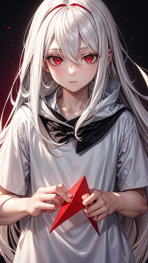 young man with long hair,white hair,red eyes,(oval face) Cold person (Triangular shaped head)Put on a shirt