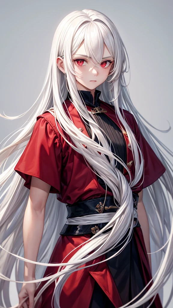 young man with long hair,white hair,red eyes,(oval face) Cold person (Triangular shaped head)Put on a shirt