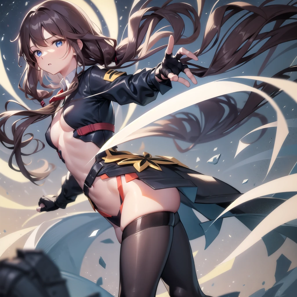 A women, long brown hair [Wavy hair at the end of the hair,], blue eyes [bright pupils 1.5] break 
White shirt[with white shirt collar], Black jacket[Zipped up half way], Space blue short, Black gloves[short gloves,cover only the wrist and middle finger], Black tights [cover until it reach the waist], White legs warm, Brown belt, Blown boots [Short]. Break 

