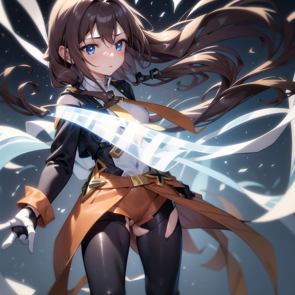 A women, long brown hair [Wavy hair at the end of the hair,], blue eyes [bright pupils 1.5] break 
White shirt[with white shirt collar], Black jacket[Zipped up half way], Space blue short, Black gloves[short gloves,cover only the wrist and middle finger], Black tights [cover until it reach the waist], White legs warm, Brown belt, Blown boots [Short]. Break 

