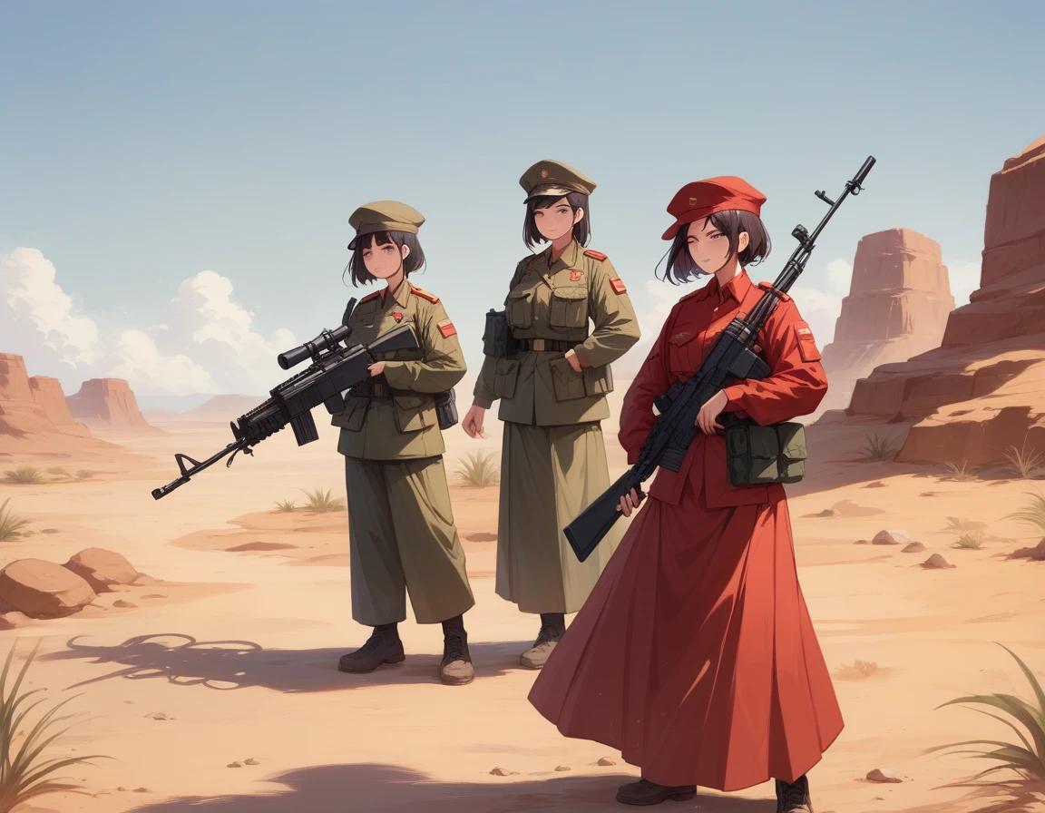 A platoon of girls wearing bright red military uniforms and long red skirts、A pair of girl platoon leaders and girl soldiers wearing red military uniforms and red long skirts and equipped with assault rifles、desert