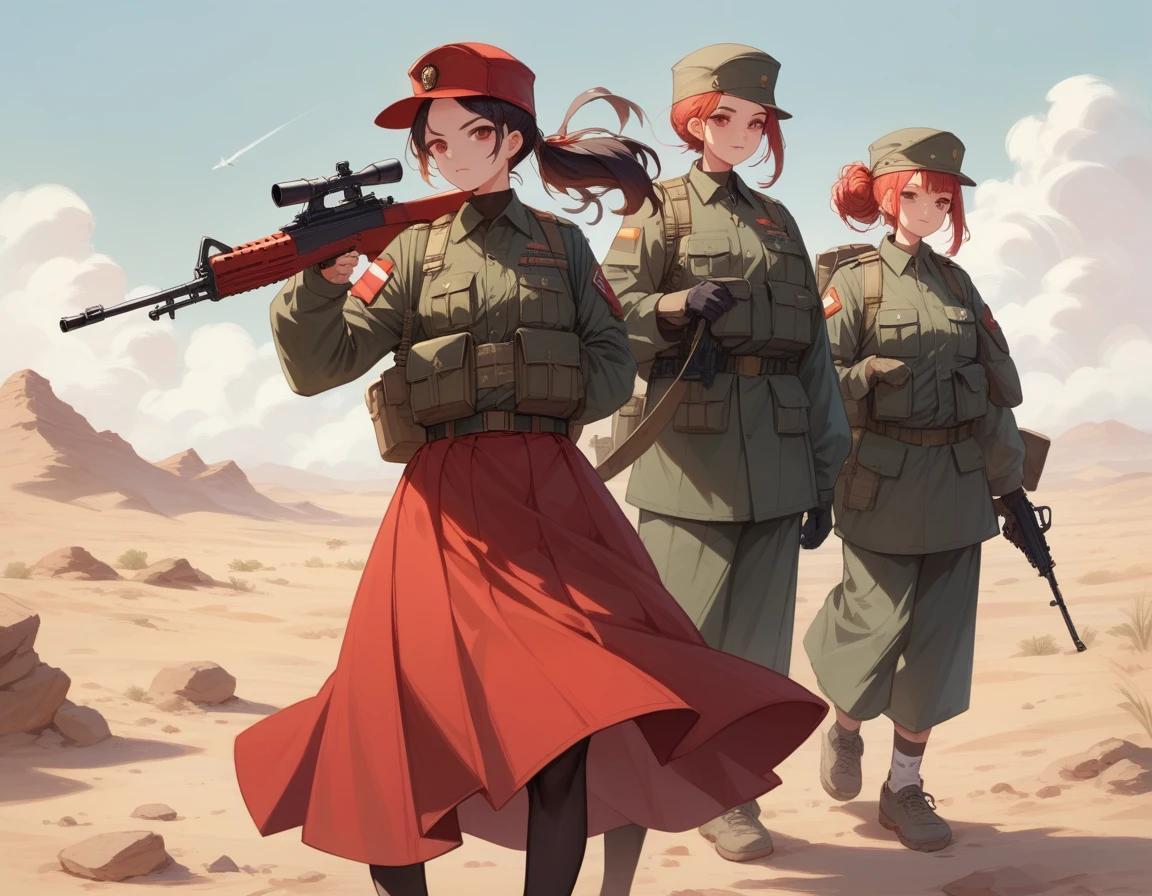 A platoon of girls wearing bright red military uniforms and long red skirts、A pair of girl platoon leaders and girl soldiers wearing red military uniforms and red long skirts and equipped with assault rifles、desert