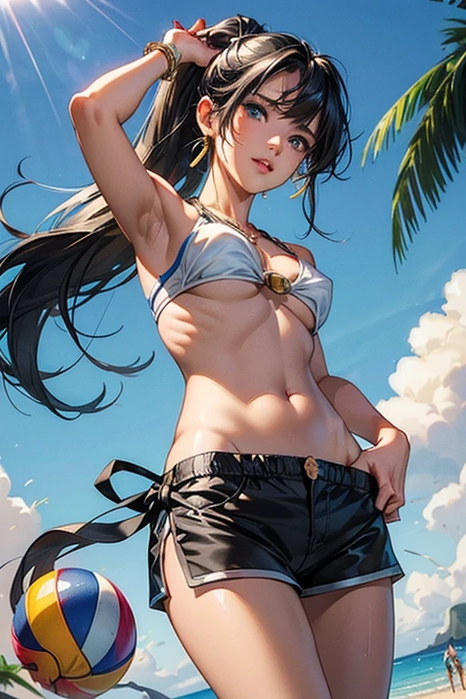 #Basics A girl is posing for a photo, animeのかわいい女の子, (((One Girl, Baby Face, Young girl, ))),
BREAK
#Clothing Accessories
((Shorts bikini:1.4, Sandals with heels, Have a beach ball)),
Gold Hoop Earrings, Fancy Necklace, Gold bracelet decorated with blue gemstones,
BREAK
#Features
((Black Hair:1.4), (Bangs that expose the forehead:1.4 (ponytail : Long Hair + Thin Hair + Hair blowing in the wind)),
(Droopy eyes, blue eyes), (Small breasts),
BREAK
#background environment
((noon, Sunshine, blue sky, Tropical resort beach)),
#Facial Expression Pose
((A happy look, blush), (Confident and powerful pose with hands on hips, Armpits are visible)),
#composition
((Face the camera, Angle from below, Cowboy Shot)),
BREAK
#Body parts elements
(Detailed hair, Beautiful Hair, Shiny Hair),
(double eyelid, Long eyelashes),
(Expression of fine eyes, Beautiful and delicate eyes, Sparkling eyes, Eye Reflexes, Glitter Eyeliner),
(Human Ear),
(Beautiful Nose, Thin Nose),
(Glossy lips, Beautiful Lips, Thick lips, Glossy Lips, Natural Cheeks),
(Detailed face, Symmetrical facial features),
(Detailed skin, Textured skin, Beautiful Skin, Shiny skin),
BREAK
#Quality
(((Highest quality)), ((masterpiece)), ((Very detailed))), ((High resolution), (16K,1080P)),
(Realistic), (Anatomically correct),
((comics, anime)), (3DCG), CG illustration,
