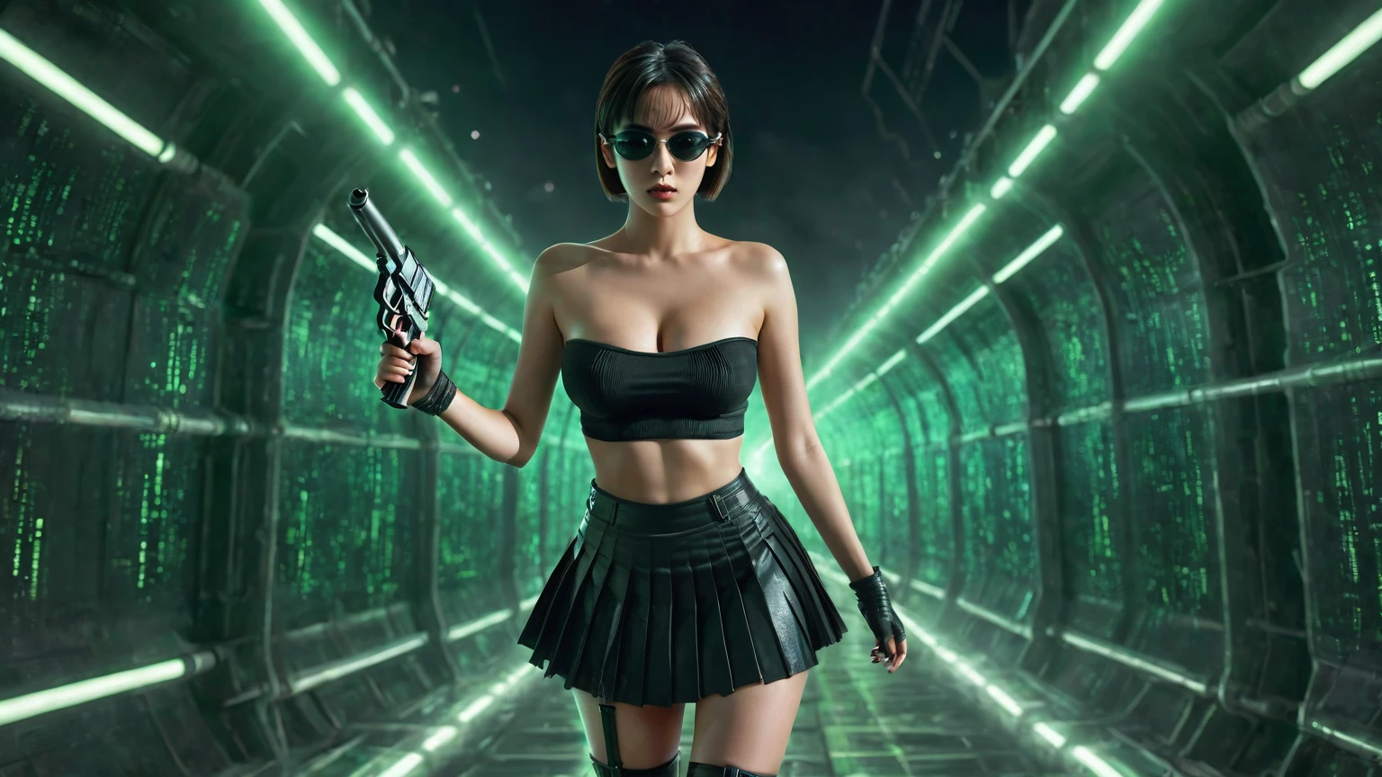 aerial view. sci-fi background. Matrix style, at night, dark sky, (1girl, solo))), photo realistic, (large-breast:1.2 slim body, cleavage:1.1), (((tube top, very short pleated miniskirt))), (((((matrix style black sunglasses))))), (((aiming at camera with a mini pistol))), (looking at camera), (((((half-body thigh level medium shot))))), (cinematic lighting).