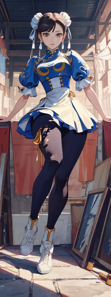 chun-li,((masterpiece)), ((best quality)), ((ultra detailed)), ((kawaii)), cute, (lovely), ((extremely detailed)), ((8K)), (beautiful),flat breast, tiny breast,full body