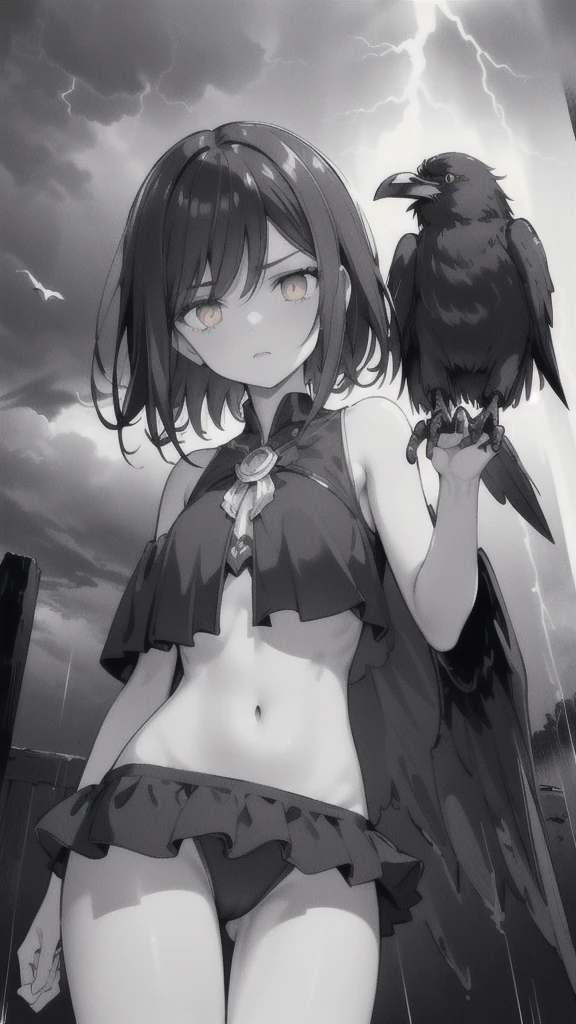 (dark hair,short black hair),(golden eyes),(swimsuit),(ravens),(high contrast,monochrome,black and white),(mystery,ominous),(stormy atmosphere,thunderstorm),(dramatic lighting),(detailed textures),(dynamic pose),(dark background)