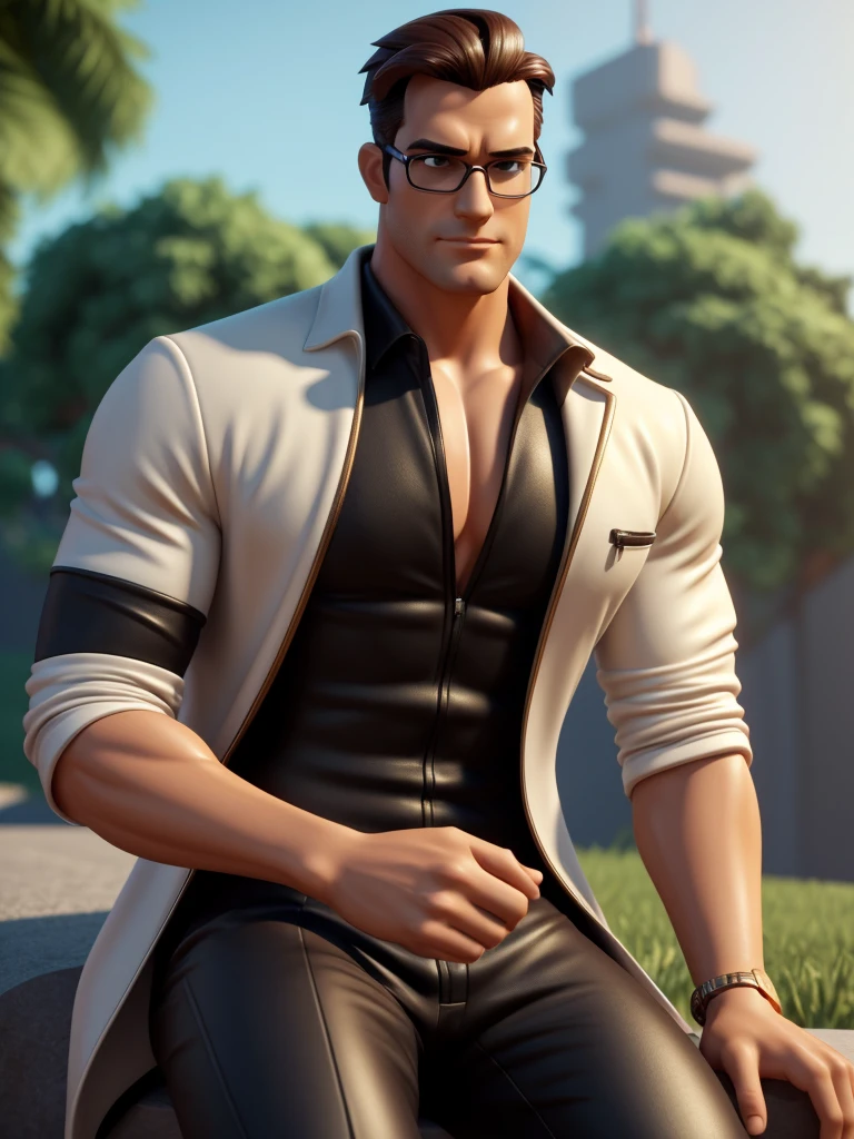 Cartoon character of a seductive handsome and sexy man in black glasses, a long white coat, with a light beige suit underneath, is wearing well-polished bronze bracelets, is wearing a swim trunks underneath, a real character, stylized character, animation style rendering, 3d stylized, Arnold Maya rendering, Stylized 3D rendering, toon render screenshot, 3d character, 3d character, Stylized 3D rendering, 3D character rendering, cartoon character, Personagem de close up, character posing, (Pixar-style) (master part:1.2) (bokeh) (best qualityer) (skin detailed) (detailed texture) (8K) (Argilla) (cinematic lighting) (sharp focus，Sit down and lift your upper body