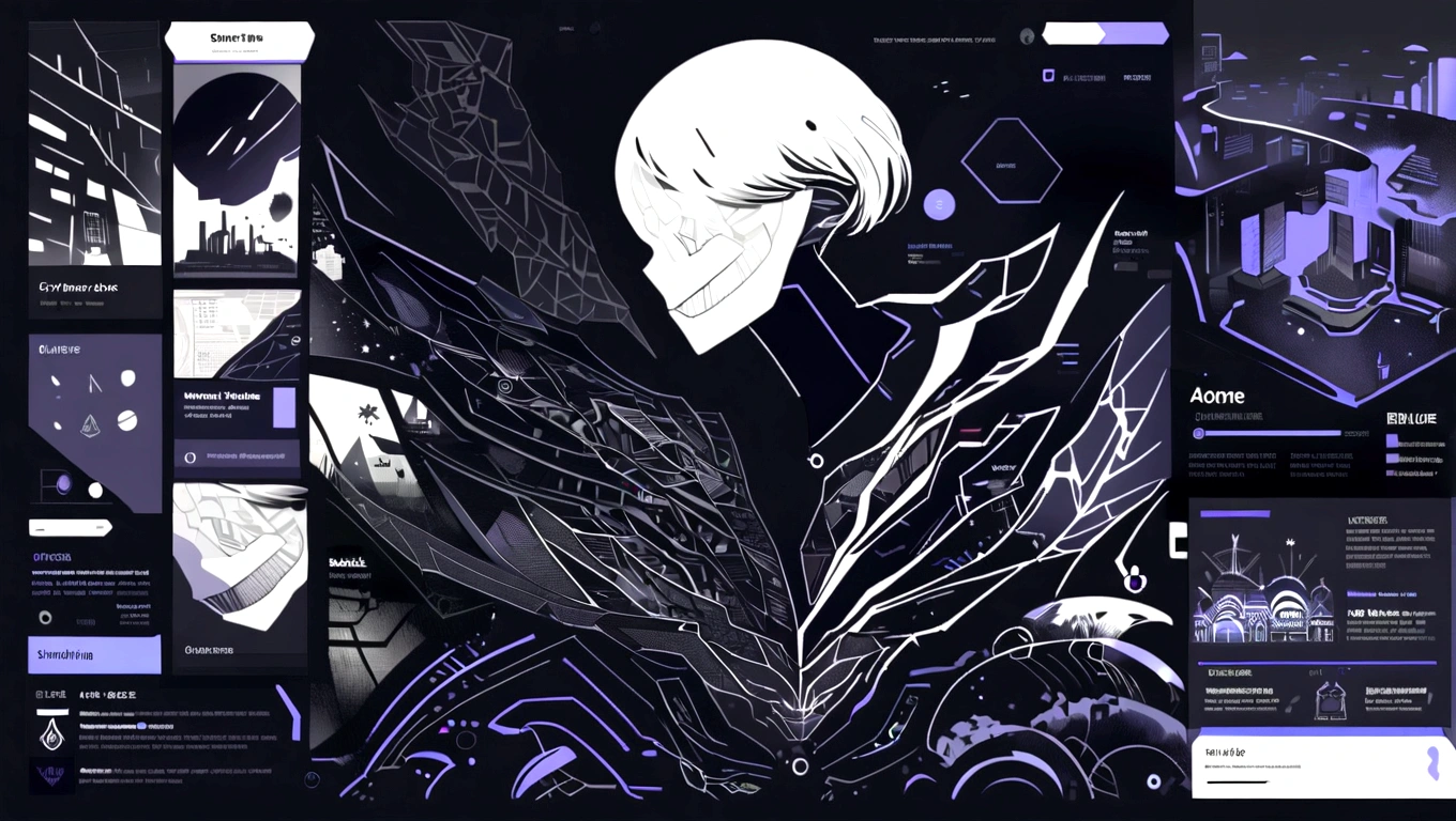 dark blue and other contrast color hero page ui ux theme website, contrast colors (mostly dark blue) theme, robotic city black and white silhouette, mouth drawing anatomy silhouette