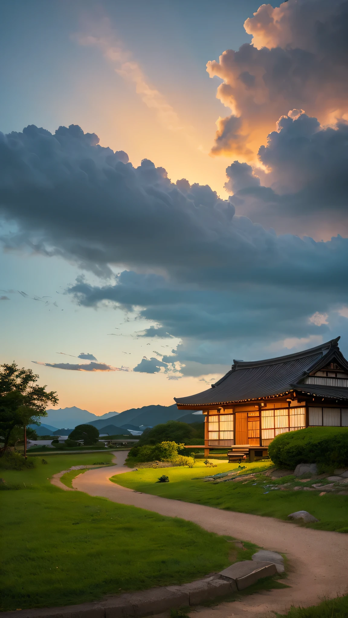 Landscape painting、Japanese village scenery、Photo Style、evening、evening、sunset、One photo, one landscape