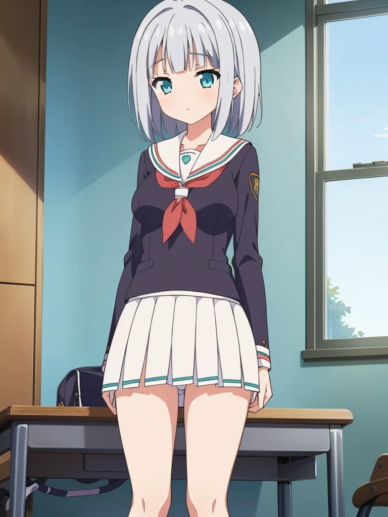 (masterpiece), classroom, 1girl, medium hair, small breast lolita white hair, (aqua eyes:1.2), (white sailor collar:1.2), serafuku, white skirt, pleated skirt nsfw show panties open legs