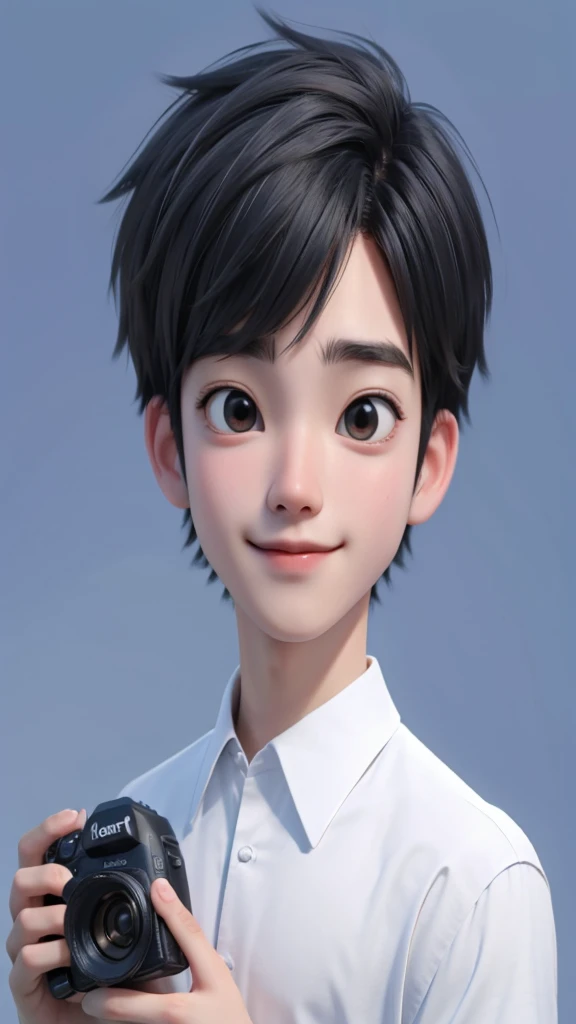 best quality, 25 years old, alone, cartoon portrait, with a short beard, the background is a room with a film set, short hair, Boy holding the camera in the air taking pictures, with a beard on his face