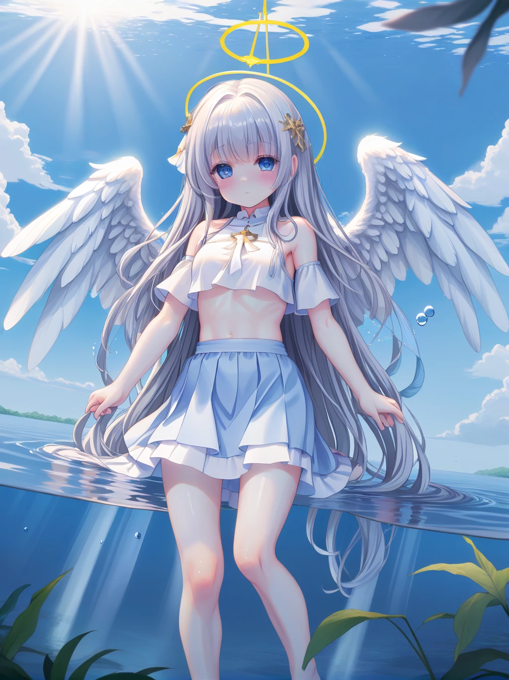 partially underwater, lakeの女神, Long Hair, Wet Hair,lake,8-year-old、Flat Chest、skirt、Above the water line from the neck、Body in water, ,浮力でskirtがめくれる、Angel Halo、No text