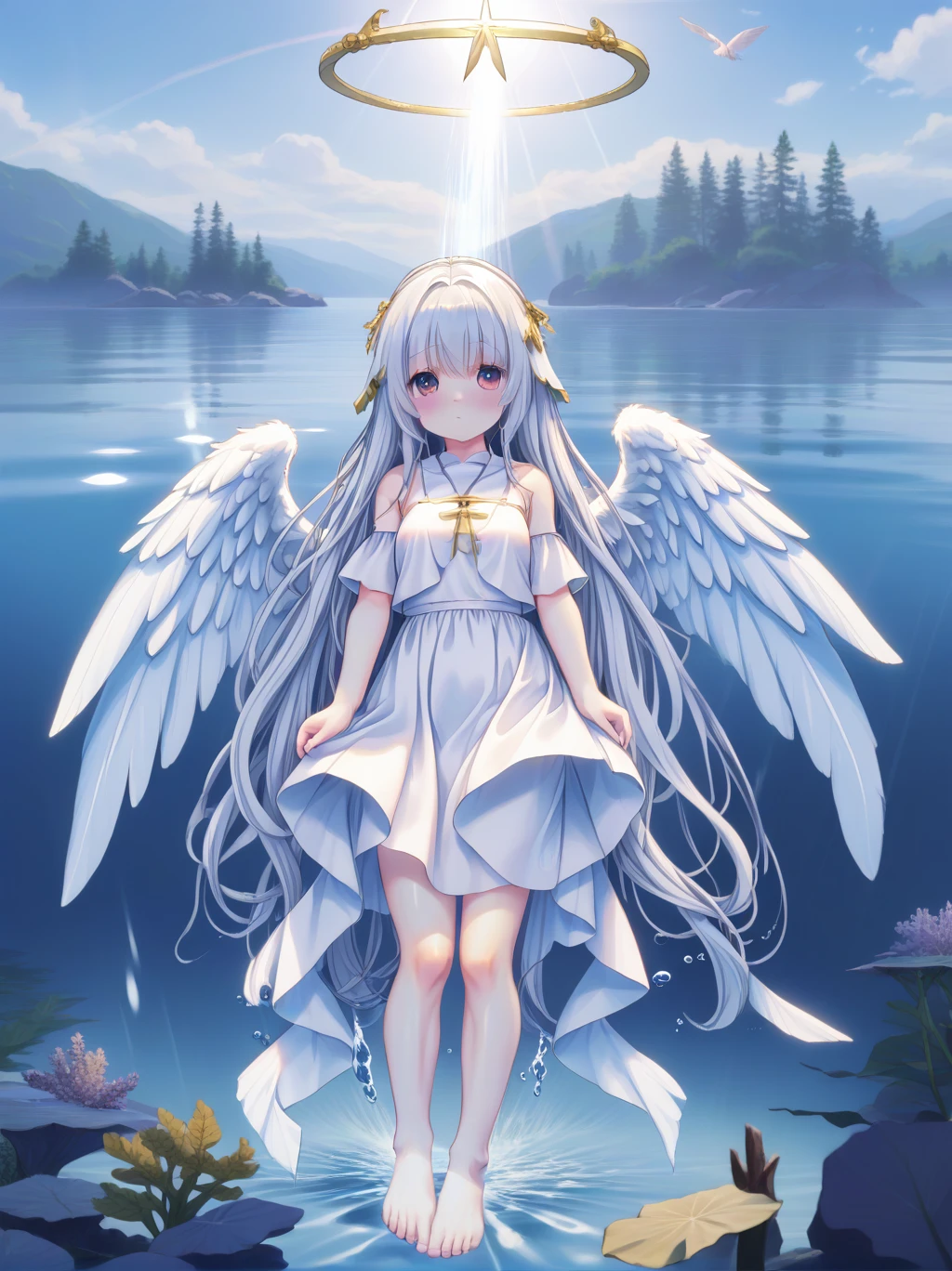 partially underwater, lakeの女神, Long Hair, Wet Hair,lake,8--old、t Chest、skirt、Above the water line from the neck、Body in water, ,浮力でskirtがめくれる、Angel Halo、No text