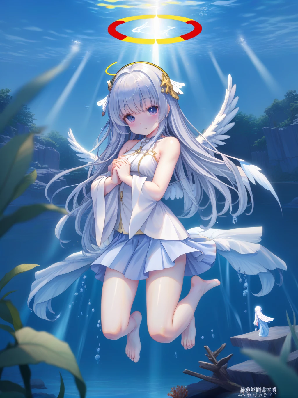 partially underwater, lakeの女神, Long Hair, Wet Hair,lake,8-year-old、Flat Chest、skirt、Above the water line from the neck、Body in water, ,浮力でskirtがめくれる、Angel Halo、No text