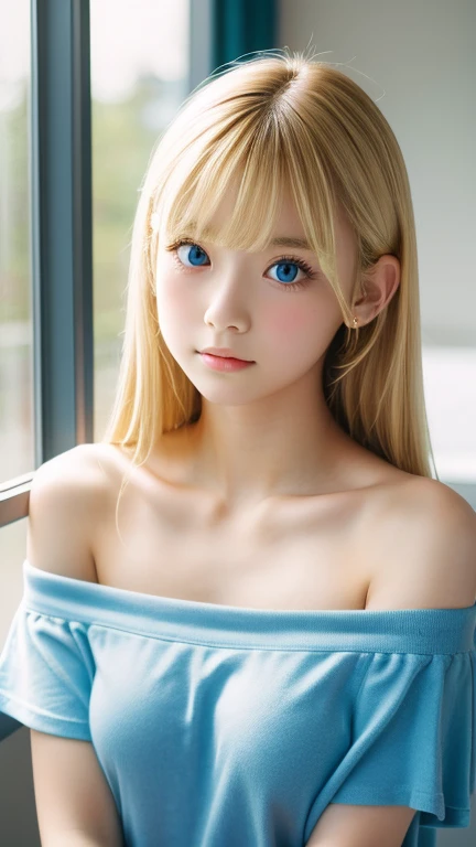 1 Girl, 18 year old beautiful girl、alone, スーパーロングBlonde, Huge , View your viewers, Blonde, Bangs on the face、Blonde above the eyes、Bare shoulders, jewelry, whole body, (Highly detailed 8K wallpapers), Soft lighting, high quality, Film Grain, Fujifilm XT3 Sharp Focus, 5 ....6, High detail, Sharp focus,(Natural light), (close:1.2), (seductive soft breasts), Off-the-shoulder T-shirt, reality, sexy, 少女のwhole bodyが見える, Cute bright blue big eyes、Very bright and big eyes shine beautifully、Beautiful girl with small face