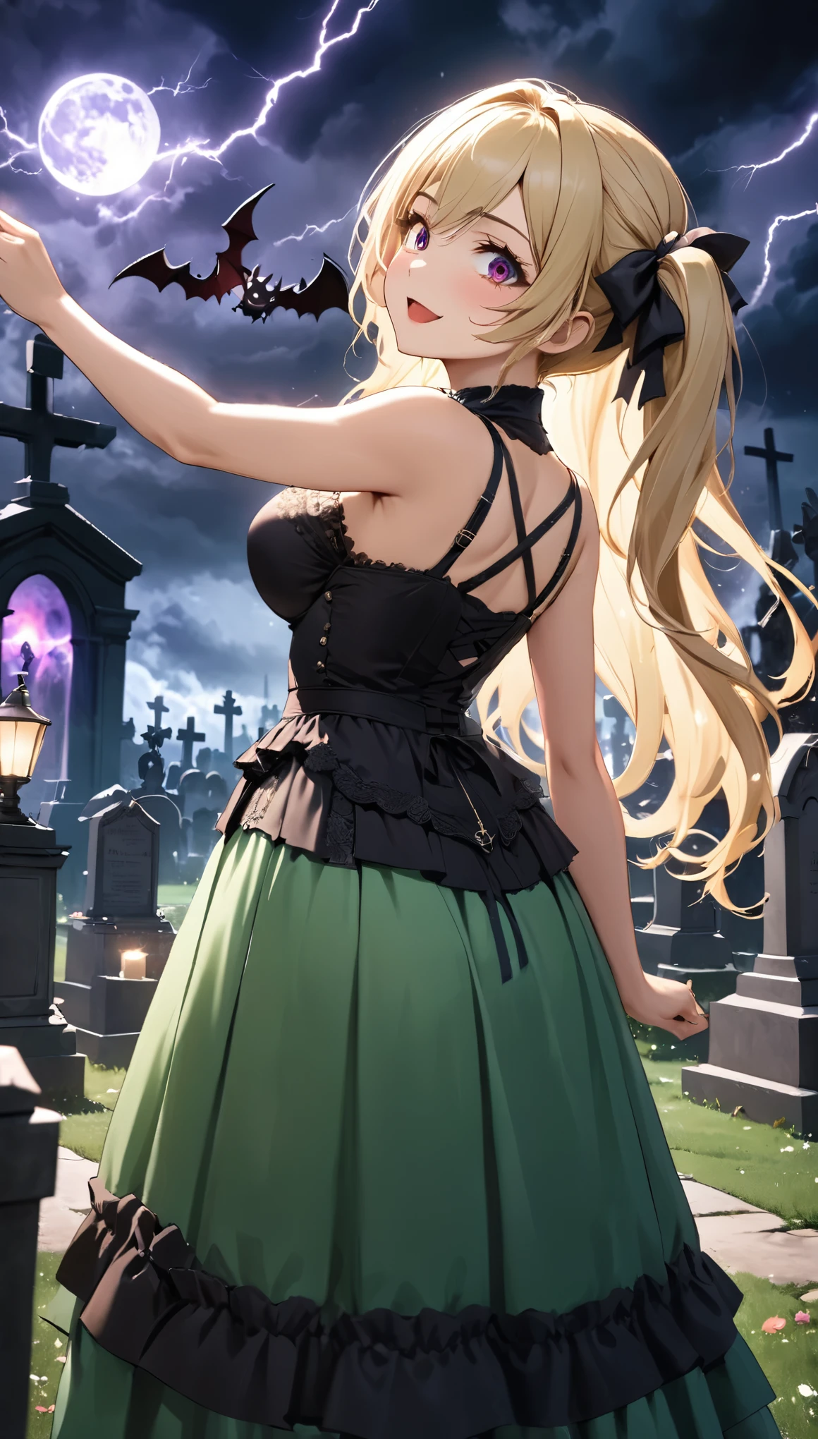 Highest quality, Highest quality, 16K, Unbelievably absurd, Very detailed, 2.5D, delicate and dynamic, Cemetery, Moonlit Night, storm, thunderstorm, Scary Sky, Tiny faint lights and colorful lights, A lot of bats, magic, Small face, Very delicate facial expressions, Delicate eye depiction, Upper body close-up,, erotic, dynamic sexy poses, One sexy woman, Healthy body shape, 24-year-old woman, doaxvv_marie rose, witch, Height: 170cm, big firm bouncing busts, , blonde very long wavy hair, twin tail, Landscape, Looking back towards the camera, Looking up, Invincible laughter, A complex, gothic-style long dress, , Green long skirt, garter belt, Brown Loafers, Standing Alone