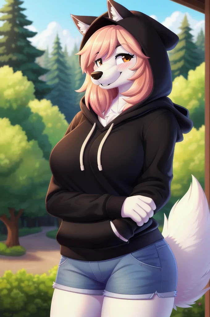 Female, solo, wolf, fluffly, furry, (average breasts), (curvy), (black hoodie), (jorts), accurate tail, slight blush, mature, smiling, happy, beautiful, highly detailed, high resolution, detailed eyes, detailed hands, detailed background, masterpiece