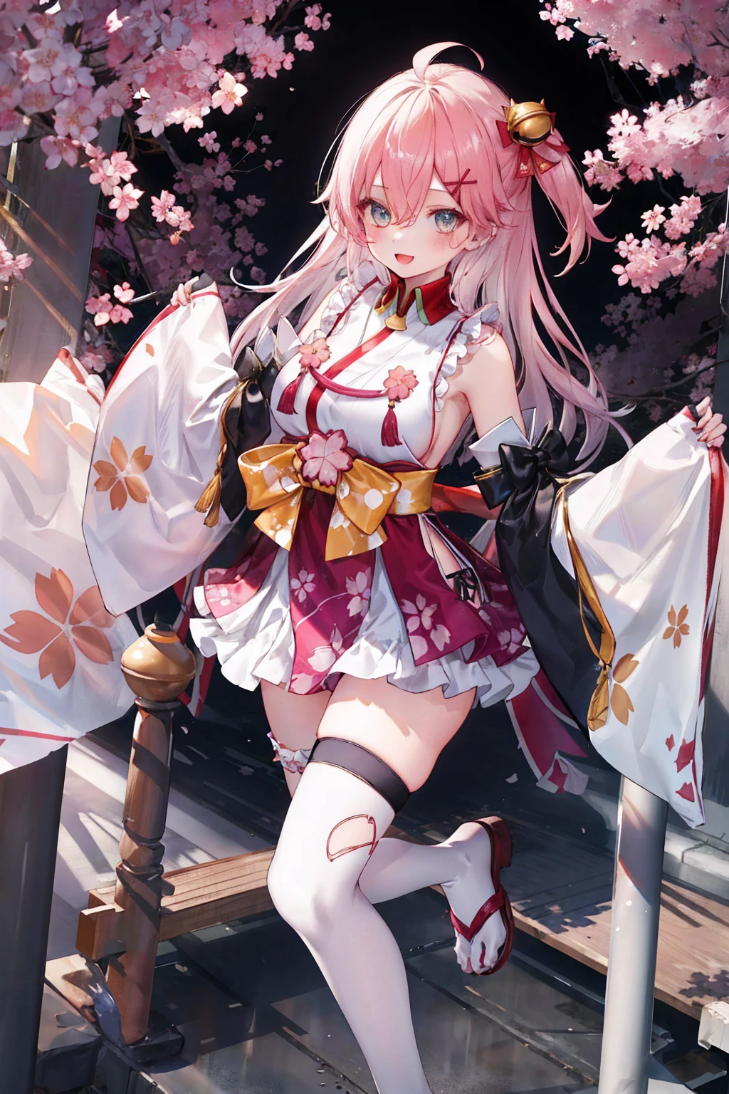 masterpiece, best quality, highres, miko1, sakura_miko, 1girl, big_boobs, solo, ahoge, x_hair_ornament, pink_hair, floral print, hairclip,(side_less_clothes:1.5), (side_boobs:1.5), hair_bell, floral print, long_hair, hair between eyes, one side up, white thighhighs, asymmetrical legwear, wide sleeves, open_mouth,(happy:1.3),gleen_eyes,big_smile,(rise_leg:1.3),plump,apart_legs,(overly_long_sleeves:1.3),),sleeves_past_wrists,hands_hidden_sleeves,sidelock_clothes,dynamic_posing,solo,hidden_wrists,(XD:1.4),covered_nipples,sunlight,cherryblossom_background,