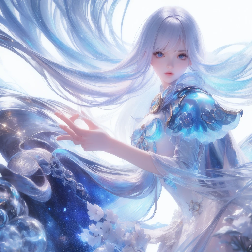 ((masterpiece)), (((best quality))), ((Super detailed)), ((illustration)),[Realistic lighting effects],shadow,(Fantasy style),(White background:1.6), Simple background, (earth theme),(A cape)[(hair focus,((1 Girl)),[(Big slime hair): (Cloud):0.3], (hair on background),(High Saturation),(The hair is surrounded by galactic splashes),)):((Her hair turned into a galactic cloud,:1.27628), (Hair and clothes are galactic clouds and star clusters:1.1025),(A cape is becoming galaxy clouds)