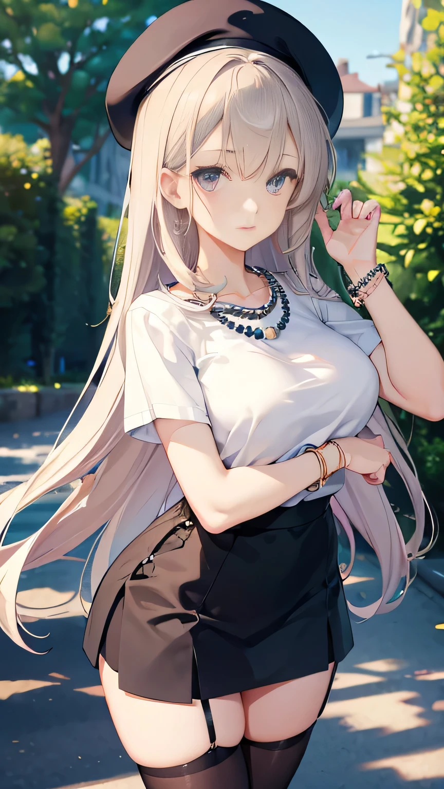 gorgeous adult woman, long neck, sidelocks, swept bangs, big hair, beret, perfect eyes, soft light, high quality, 4k resolution, casual clothes, pearl necklace, T-shirt, summer, Putting on a bracelet, Black Stockings