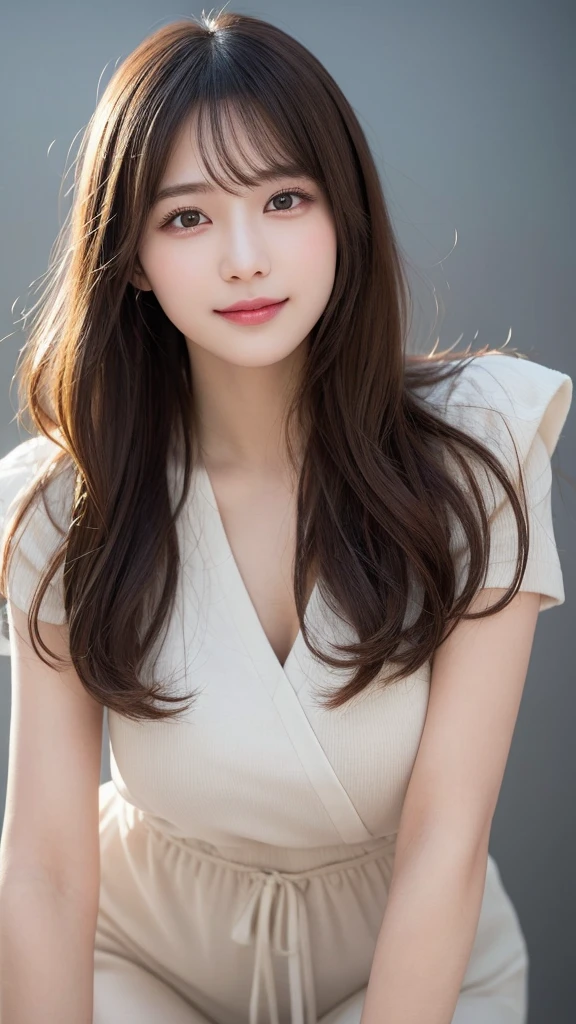 finely detail, hight resolution, hightquality、Perfect dynamic composition, Beautiful detailed eyes, Medium Hair, 、Natural Color Lip,Kamimei、Shibuya、20 years girl、1 persons、Transparent skin、Glowing hair、masutepiece, Best Quality, Illustration, Ultra-detailed, finely detail, hight resolution, 8K、The correct state of the human body、Crouch down、pretty pose,dishevled hair,beauty legs,Perfect beautiful face,KPOP Idol Face,Face with a smile all over his face