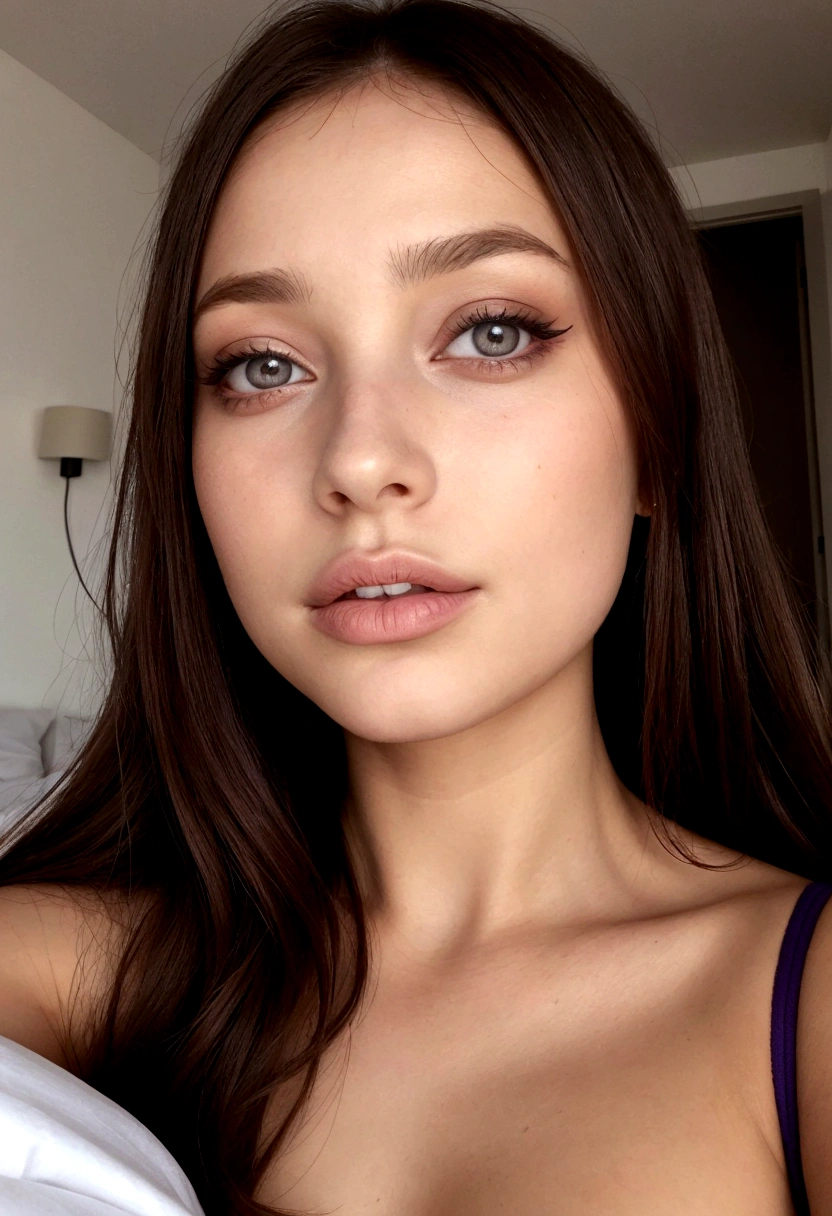 Femme arafed avec débardeur et culotte assortis, fille sexy aux yeux bruns, Portrait de Sophie Mudd, cheveux bruns et grands yeux, selfie d'une jeune femme, Yeux de chambre, Violette Myers, sans maquillage, maquillage naturel, regarder directement la caméra, Visage avec Artgram, Maquillage subtil, Superbe photo de tout le corps agenouillé sur le lit, dans la chambre, Buste moyen à large, sexy ; ;pas