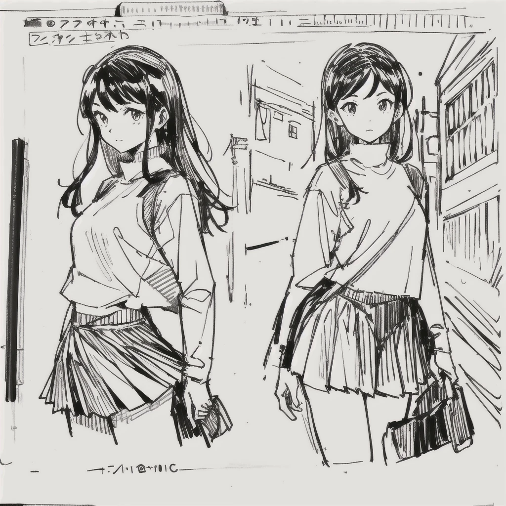 One Girl,Line art,Monochrome,sketch,Pencil drawing,Traditional Media,One Girl, skirt,Cute Teenage Girls, ,Beautiful portrait、Delicate body、Black Hair、Black Hair,landscape,Black and White