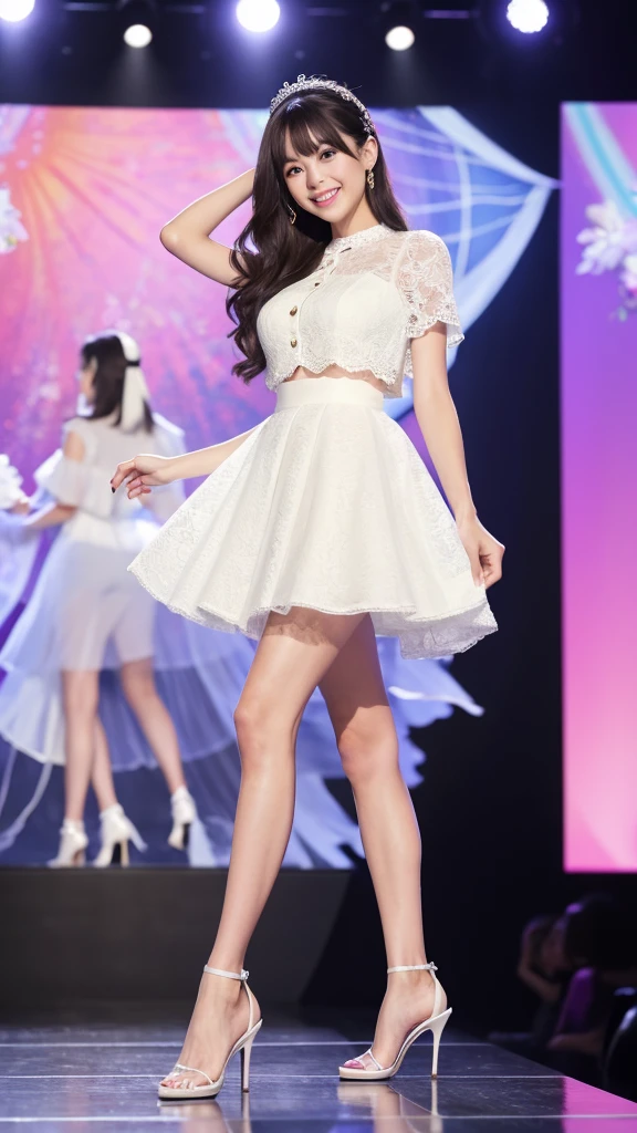 Amazingly large eyes、Smiling expression with white teeth visible、H cup bust、50cm waist、Slender and fair-skinned、Japan woman with long hair、20-year-old、Slim figure、Wearing a pleated skirt and a sheer lace blouse that flutters in the vivid breeze、Wearing high heels。On the runway at a fashion show、Her whole body was shown, from her high heels to her head, as she walked towards the viewer.、Bright, photo-quality images。
