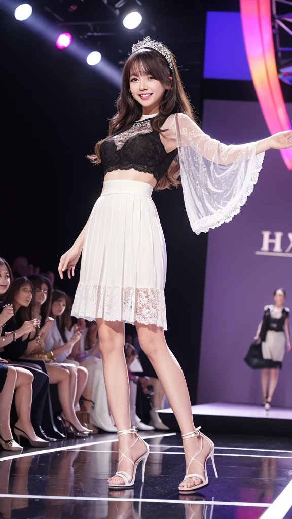 Amazingly large eyes、Smiling expression with white teeth visible、H cup bust、50cm waist、Slender and fair-skinned、Japan woman with long hair、20-year-old、Slim figure、Wearing a pleated skirt and a sheer lace blouse that flutters in the vivid breeze、Wearing high heels。On the runway at a fashion show、Her whole body was shown, from her high heels to her head, as she walked towards the viewer.、Bright, photo-quality images。
