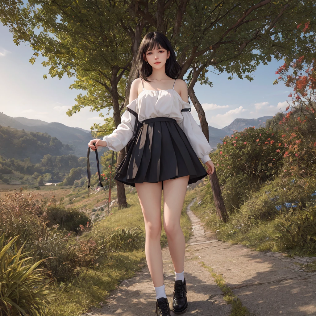 (best quality), masterpiece, Extremely detailed CG8K painting, high color, Extremely high color saturation, All colors are deepened, central composition, Extremely detailed light and shadow, The face and eyes are very detailed, medium length hair, sportswear, colorful clouds,beautiful nature,landscape,short black hair,white spaghetti strap dress,Black coat,Black skirt,,