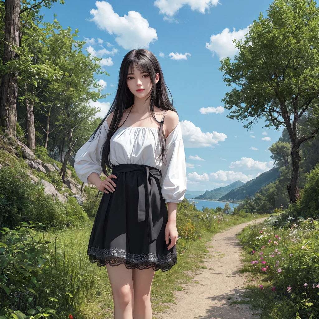 (best quality), masterpiece, Extremely detailed CG8K painting, high color, Extremely high color saturation, All colors are deepened, central composition, Extremely detailed light and shadow, The face and eyes are very detailed, medium length hair, sportswear, colorful clouds，beautiful nature，landscape，short black hair，white spaghetti strap dress，Black coat，Black skirt，，