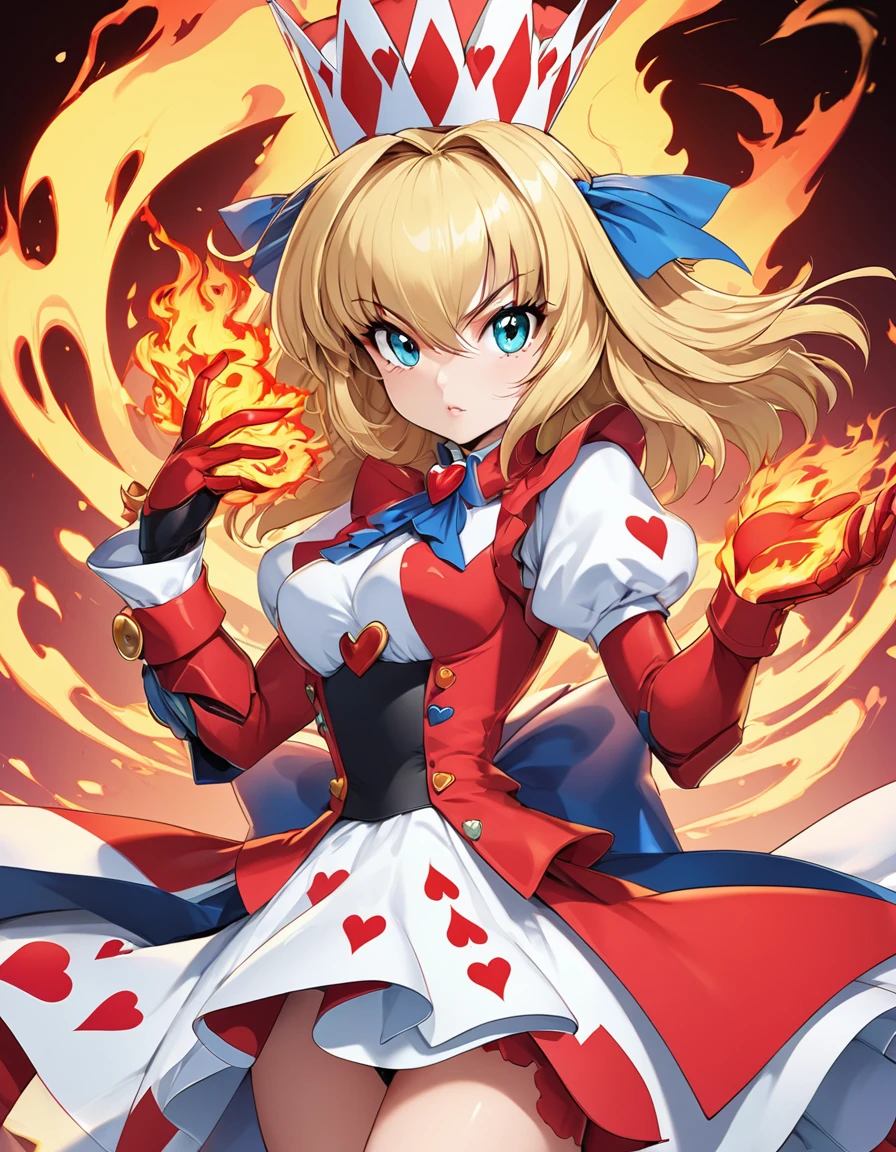 BREAK Perfect Anatomy、(High resolution:1.2)、Incredible illustrations、(Cute illustrations:1.2)、（Beautiful background）Queen of Hearts(Alice in Wonderland)The Queen of Hearts strikes with her flaming right palm.(Mobile Fighter G Gundam style）