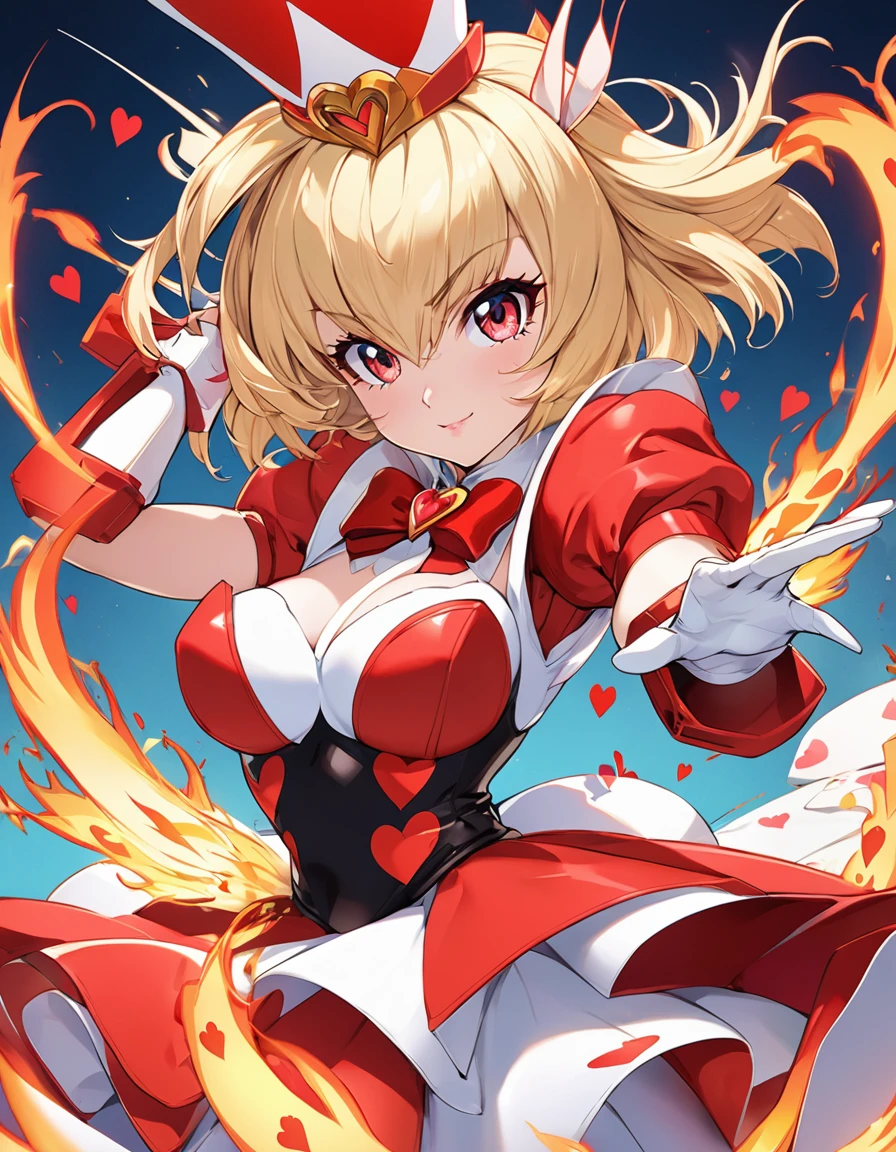 BREAK Perfect Anatomy、(High resolution:1.2)、Incredible illustrations、(Cute illustrations:1.2)、(Beautiful background)Queen of Hearts(Alice in Wonderland)The Queen of Hearts strikes with her flaming right palm.(Mobile Fighter G Gundam style)