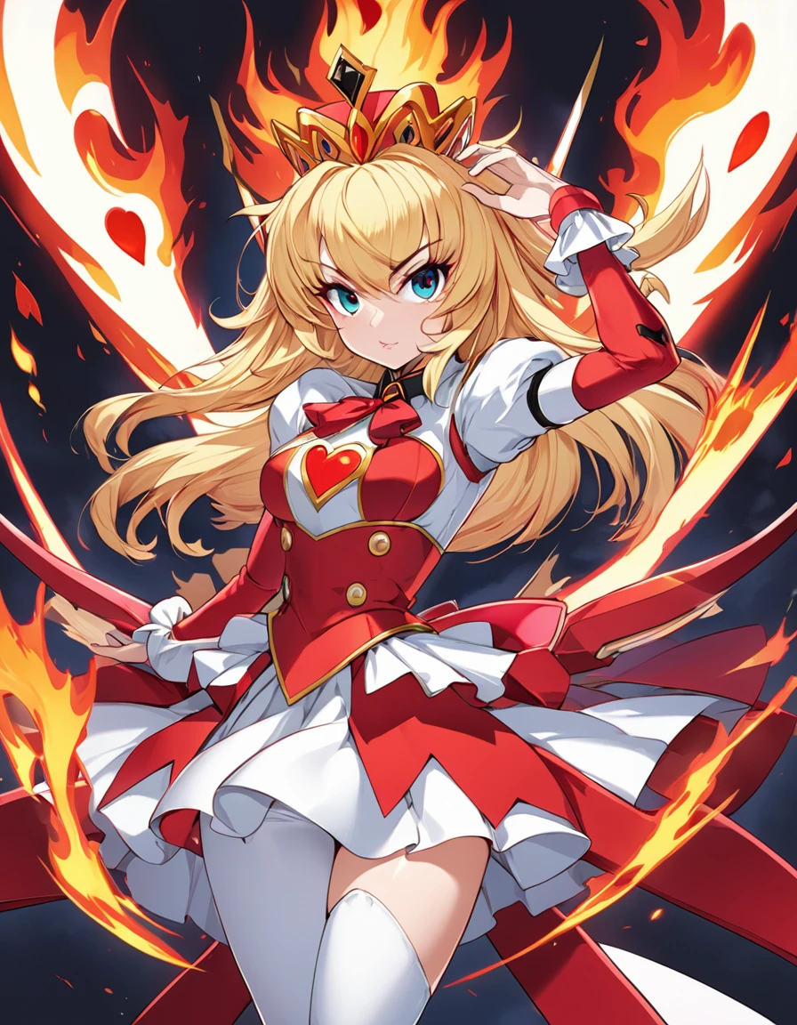 BREAK Perfect Anatomy、(High resolution:1.2)、Incredible illustrations、(Cute illustrations:1.2)、(Beautiful background)Queen of Hearts(Alice in Wonderland)The Queen of Hearts strikes with her flaming right palm.(Mobile Fighter G Gundam style)